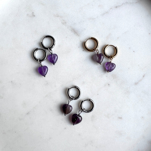 Ai (love) Mini｜2 in 1｜Amethyst stone hearts earrings